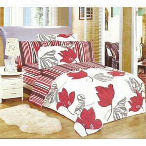 Bílé povlečení na postel do pokoje s červenými květy a proužky