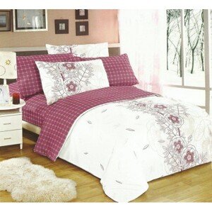 Bavlněný povlak na postel bílé barvy s červeným károvaným motivem a květinami
