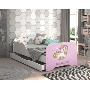 Dětská postel MIKI 160 x 80 cm s motivem růžového jednorožce