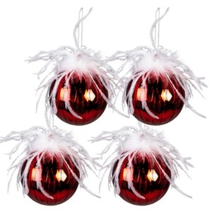 4ks červená vánoční ozdoba koule s peříčky – 10 cm