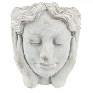 Šedý cementový květináč hlava dívky v dlaních M – 18x18x20 cm