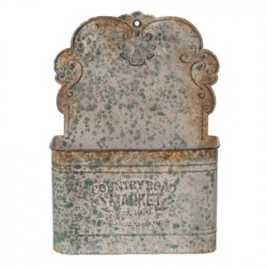 Šedý antik plechový nástěnný box na květiny s rezavou patinou Country Road – 24x10x33 cm