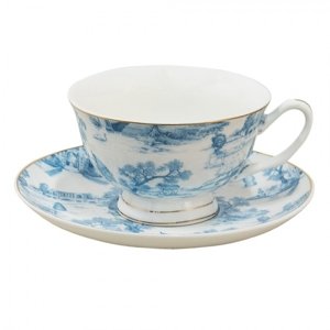 Bílo-modrý porcelánový šálek s podšálkem Chateau – 10x6 /  15x2 cm