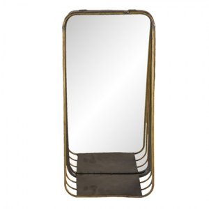 Zlaté podlouhlé zrcadlo v kovovém rámu s dřevěnou poličkou Gold – 19x11x39 cm