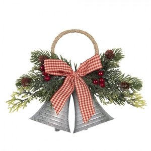Vánoční dekorace stříbrné zvonky s větvičkou a mašlí – 23x8x18 cm