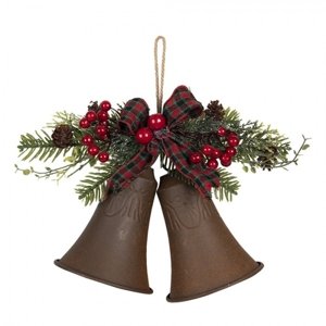Vánoční dekorace hnědé zvonky s větvičkou a mašlí – 22x12x16 cm