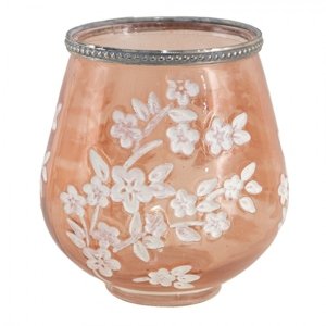 Béžovo-hnědý skleněný svícen na čajovou svíčku s květy Onfroi – 13x14 cm