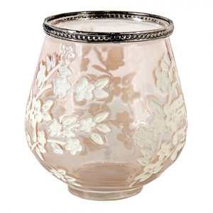 Béžový skleněný svícen na čajovou svíčku s květy Teane – 12x13 cm