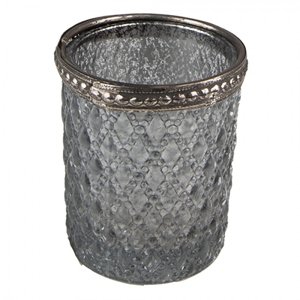 Šedý skleněný svícen na čajovou svíčku se zdobným lemem – 6x6 cm