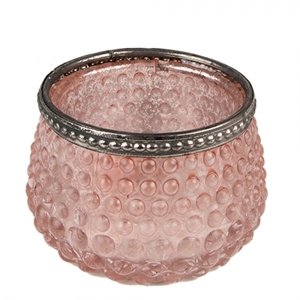 Růžový skleněný svícen na čajovou svíčku se zdobným okrajem – 8x6 cm