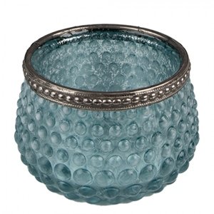 Modrý skleněný svícen na čajovou svíčku se zdobným okrajem – 8x6 cm