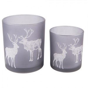 2ks šedý skleněný svícen na čajovou svíčku s jelenem a sobem – 9x10 /  7x8 cm