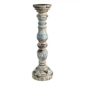Dřevěný vintage svícen s modro béžovou patinou – 12x40 cm