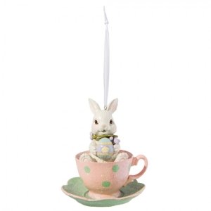 Závěsná velikonoční dekorace králíček v šálku – 9x11 cm