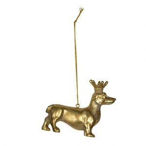 Zlatá závěsná dekorativní ozdoba psa s korunkou – 8x3x6 cm