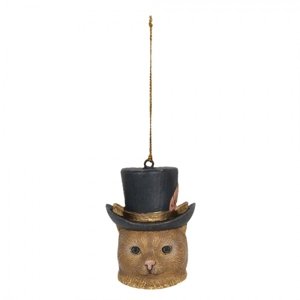 Závěsná dekorace hlava kočky s kloboukem – 6x6x8 cm