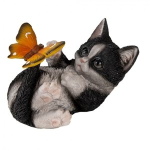 Dekorativní soška černo bílého koťátka s motýlkem – 14x8x11 cm