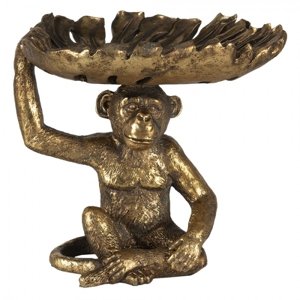 Zlatá dekorativní soška opice s podnosem ve tvaru listu – 21x17x19 cm