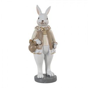 Dekorace králík v béžovém kabátku a měšcem – 5x5x15 cm