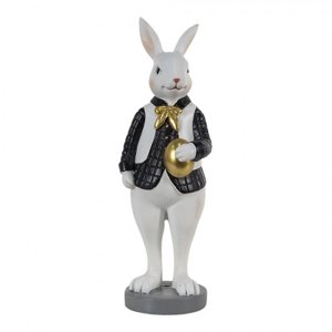 Dekorace králík v černé košili držící zlaté vajíčko – 7x7x20 cm