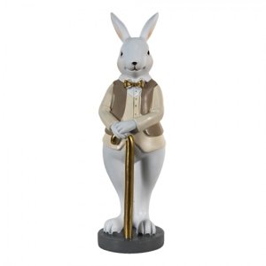 Dekorace králík v béžové košili se zlatou holí – 10x8x25 cm