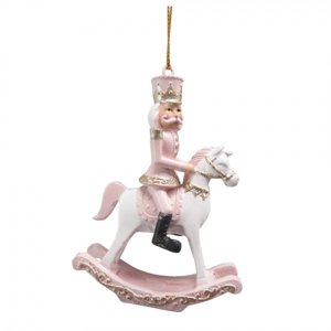 Bílo-růžová závěsná dekorace Louskáček na houpacím koni – 6x3x9 cm
