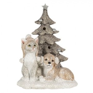 Vánoční dekorativní soška pejska a kočičky u stromečku – 11x9x15 cm