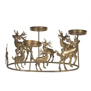 Zlatý kovový svícen s jeleny – 34x22x16 cm