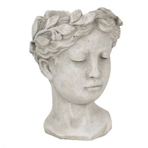 Šedý cementový květináč hlava ženy M – 16x15x21 cm