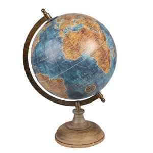 Modrý dekorativní glóbus na dřevěném podstavci Globe – 22x22x37 cm